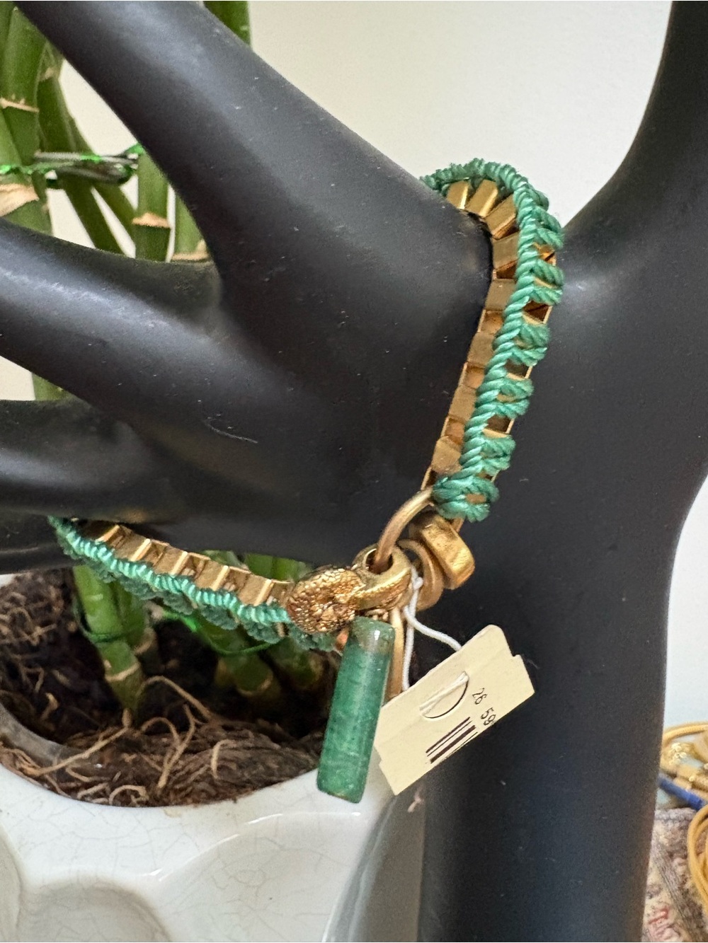 Brooks Brothers Gold-Tone Bracelet with Green Braided Cord and Charm with Jade
